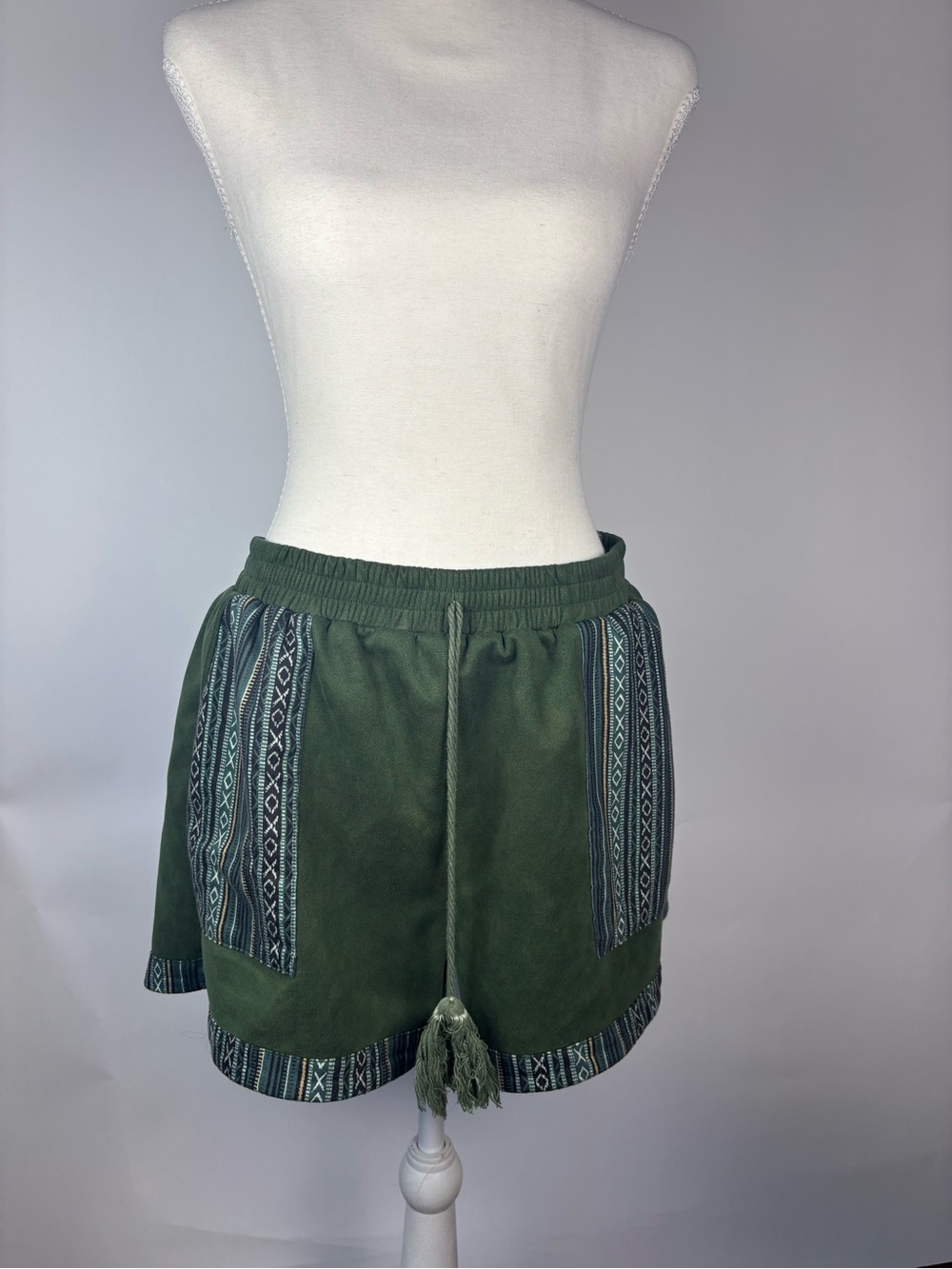 Women’s Olive Green Elastic Waist Shorts with Patterned Trim